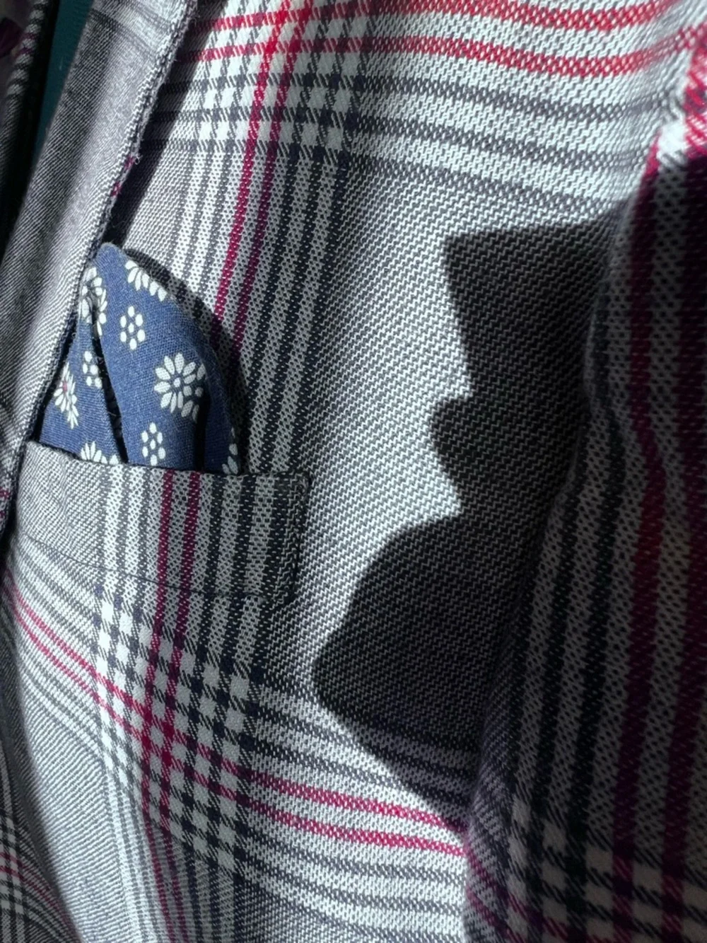 Zara Gray Plaid Sport Coat with Pink Windowpane and Navy Elbow Patches